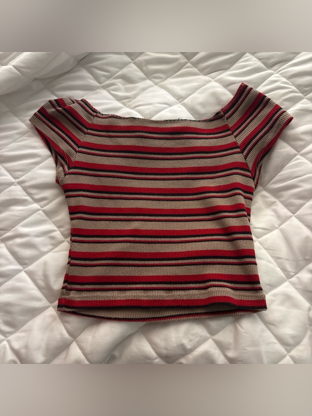 Brandy Melville Red and black striped off the shoulder crop top.